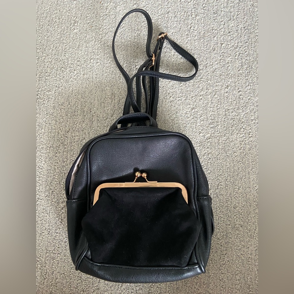 Lauren Conrad Mini Black Backpack With Suede Snap Pocket In Front